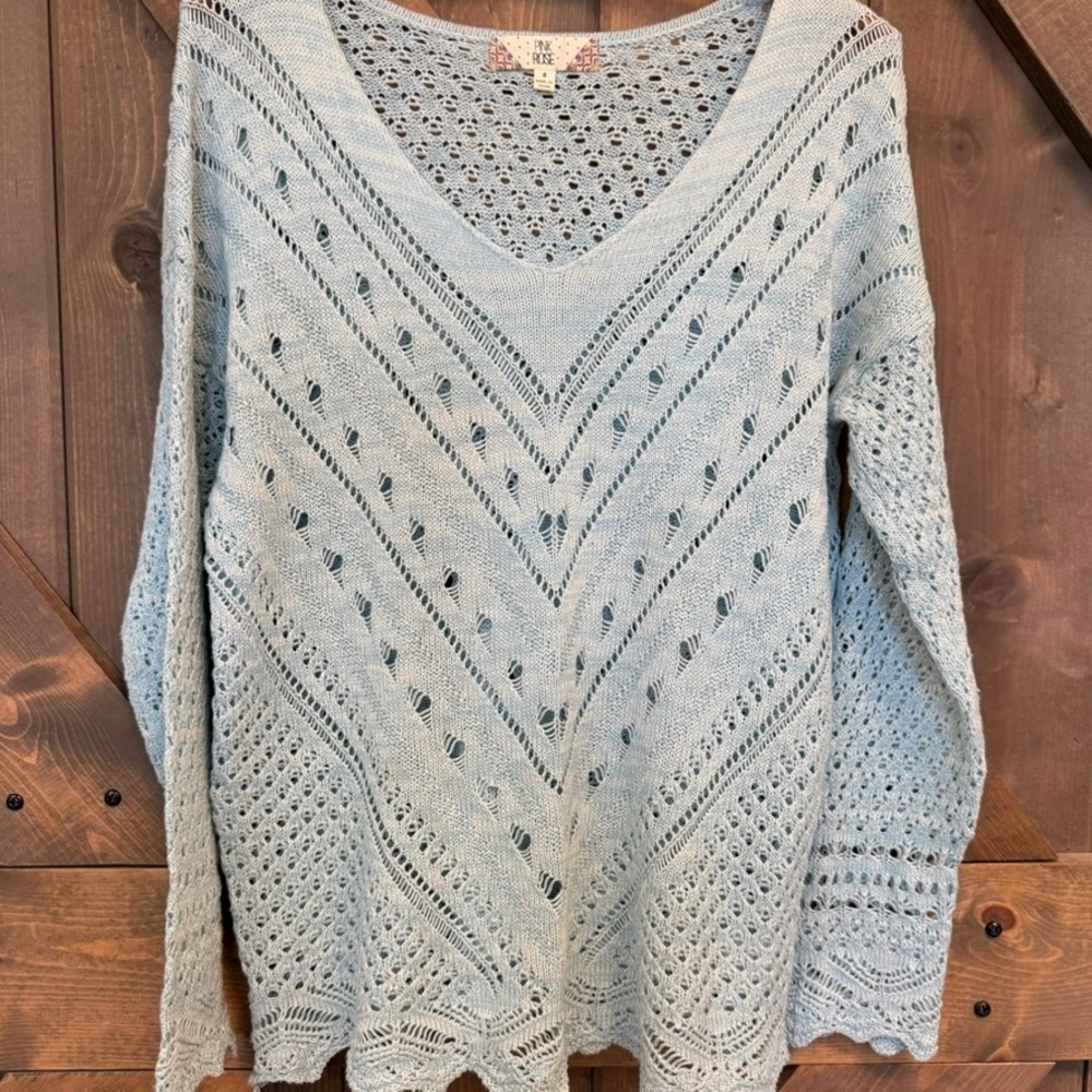 Pink Rose Open Knit Sweater Womens S Blue Good Pointelle Boho PF845750VM